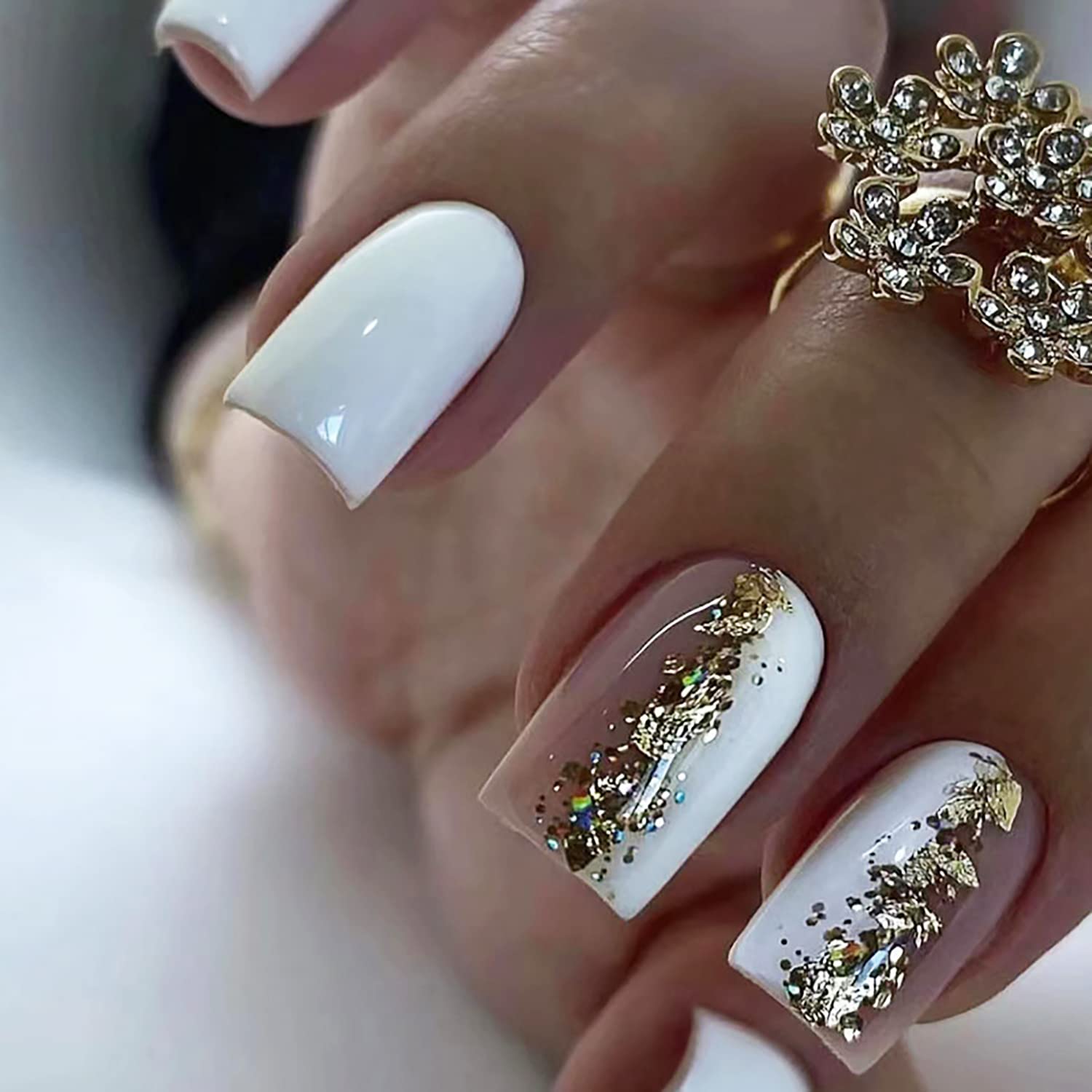 Press on Nails Short Square Fake Nails White Pink Glossy False Nails with Glitter Designs Full Cover Acrylic Nails for Women and Girls Holiday Stick on Nails Artificial Manicure Nail Art