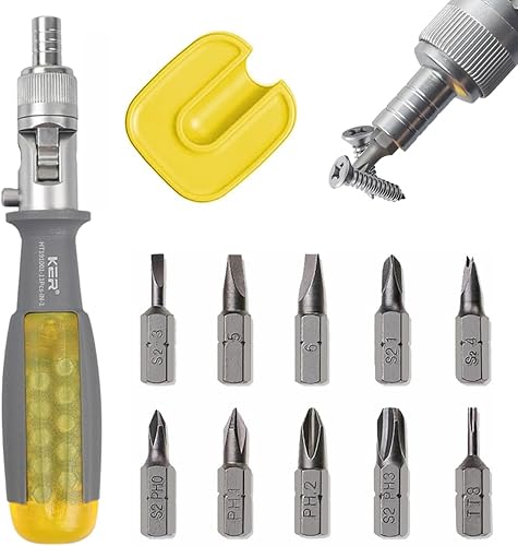 KER Multiherramienta de trinquete 11 en 1 - Destornillador magnético, herramienta de reparación de destornillador angular profesional (amarillo,