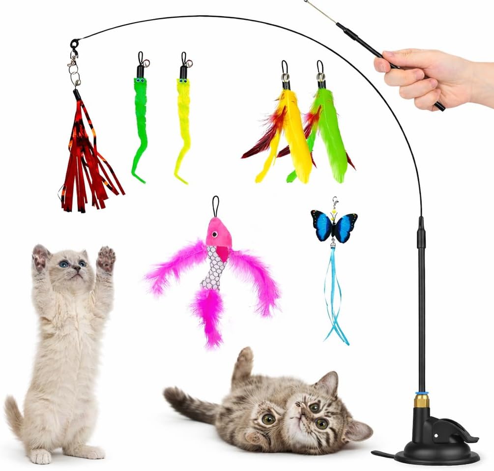 9in1 Interactive Automatic Cat Teaser Wand Toy with Strong Suction Cup, Cat Feather Toys with 8 PCS Feather Replacements - with Bell,Interactive Kitten Sticks for Indoor Cats