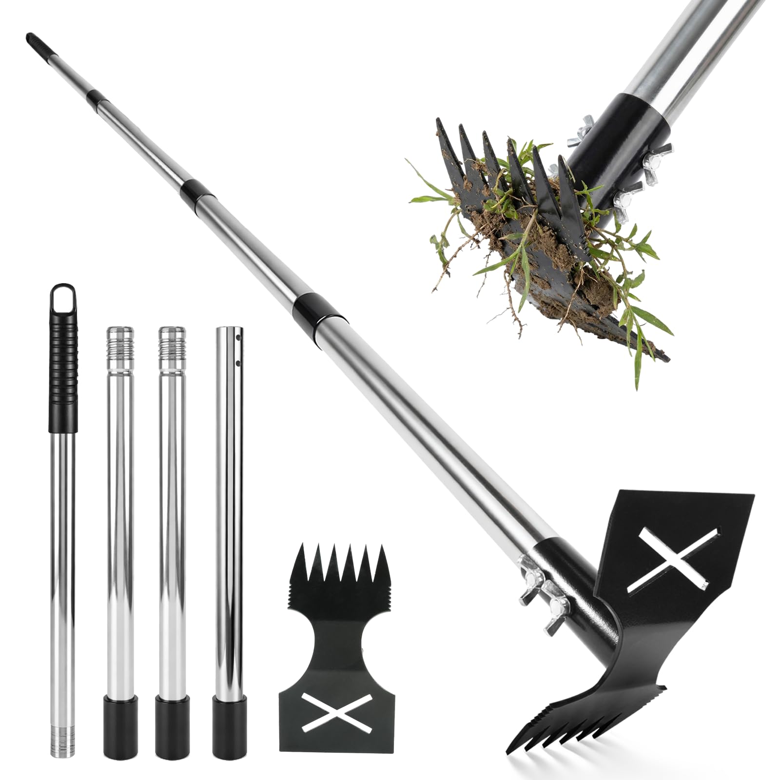 Stand Up Long Handle Garden Weed Puller, 147cm Detachable Stainless Steel Weed Remover, 2-in-1 Manual Rake Hoe, Chemical Free Manual Puller for Garden, Lawn Flower Beds