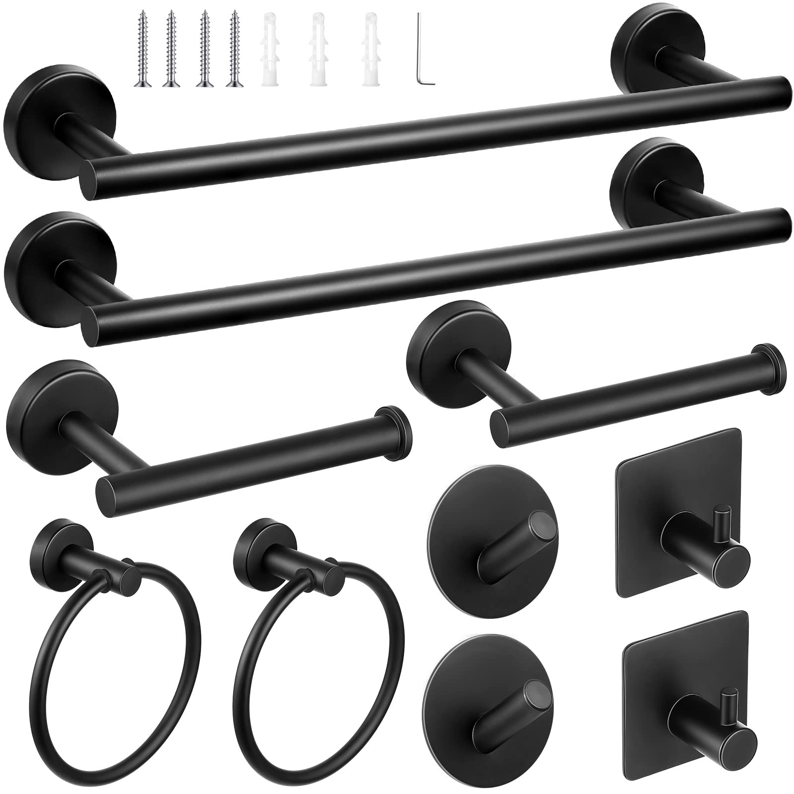 10 Pcs Matte Bathroom Hardware Set SUS304 Bathroom Hanger Set 16 Inch Hand Towel Bar Towel Holder Toilet Paper Holder Angled Hook 2 Robe Towel Hooks Wall Mounted Accessory(Matte Black)