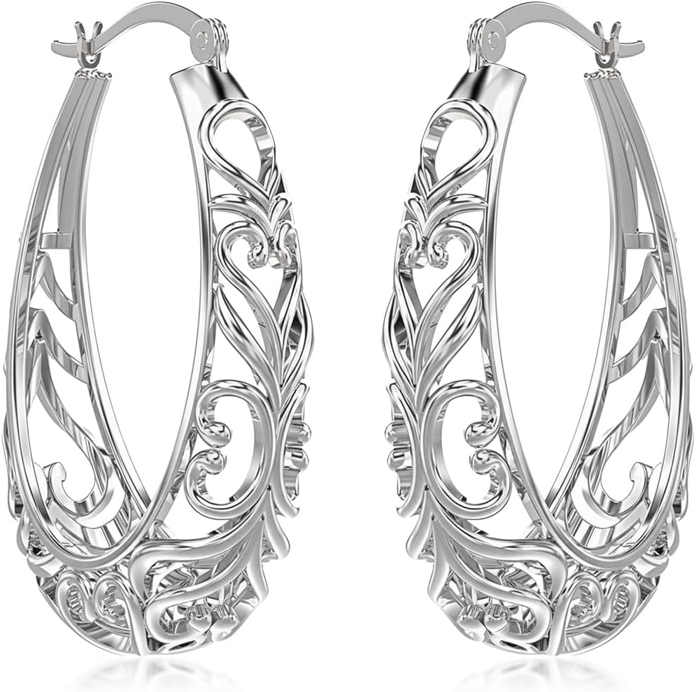 18K Gold-Plated 925 Sterling Silver Post Filigree Hoop Earrings for Women | Silver Post Oval Hoops Earring | Size 25mm, 32mm - Image 4