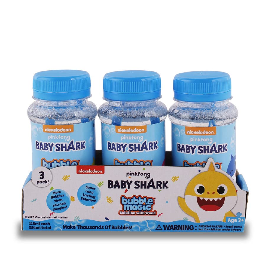 Baby Shark Solution Bottle with Wand - Pack of 3 118 ML Each, with Specially Designed Grooves to Hold More Solution, Gift Set for Boys & Girls for The Age 3 Years and Above