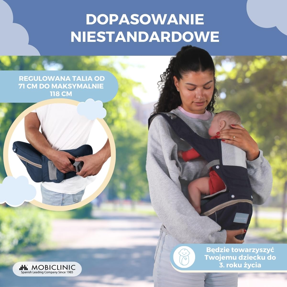 Mobiclinic® kids, Nosidełko ergonomiczne, 6 w 1, Moley, Wielopozycyjne, Składane, Kieszeń z zamkiem błyskawicznym, Podtrzymujący butelki, Miękka premiumowa bawełna, 0-36, Dla noworodków (granatowy)