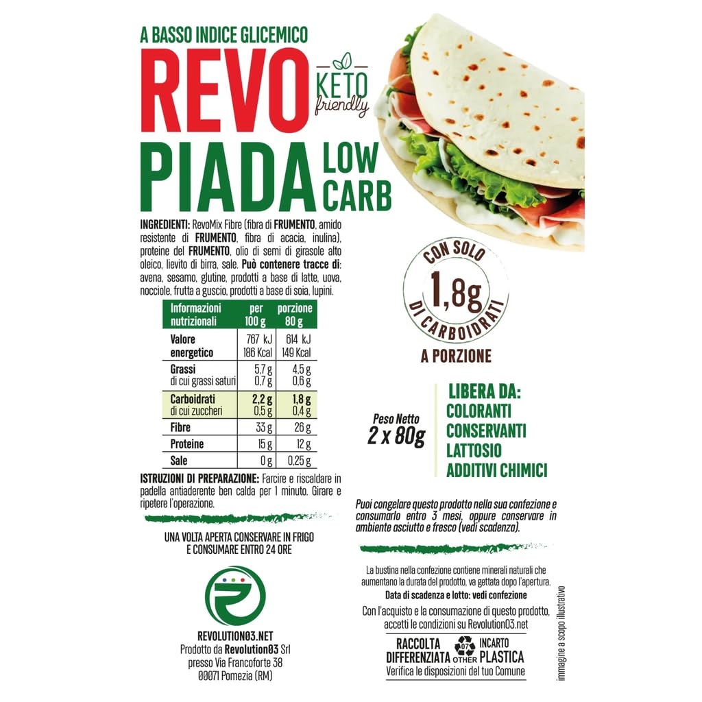 RevoPiada Piadina Piada Cheto, Low Carb, Keto Friendly, Pronta da Farcire - 4 Confezioni da 2 Piade ciascuna - 1 Piada da 80g
