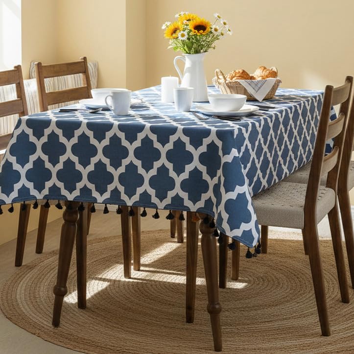 Image of HOMEMONDE Dining Table Cover 4 Seater Cotton Printed Center Table Cloth with All Around Decorative Fringes - (Blue, 114 x 114 CM)