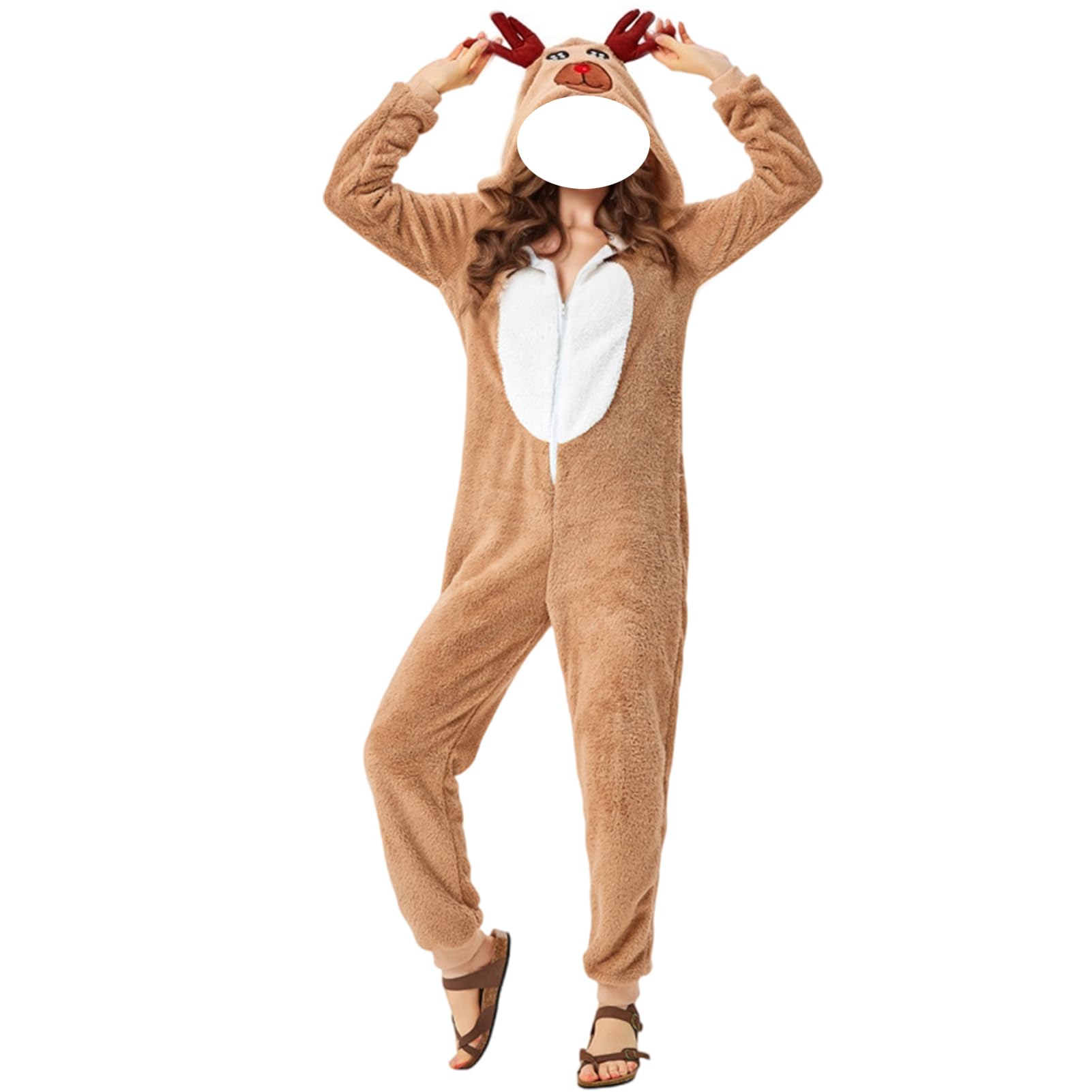 Crittygo Reindeer Costume for Adult Womens Reindeer Onesie Pajamas Reindeers Brown Hooded Jumpsuit