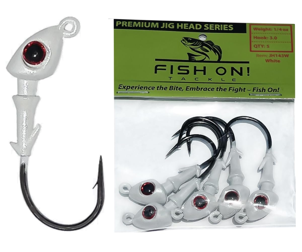 Fish On Tackle Jig Heads Pack of 5 - Fishing Jigs with Super Sharp Black Nickel Hooks - Double Locking Bait Stays & Multi-Color 3D Eyes - Perfect for