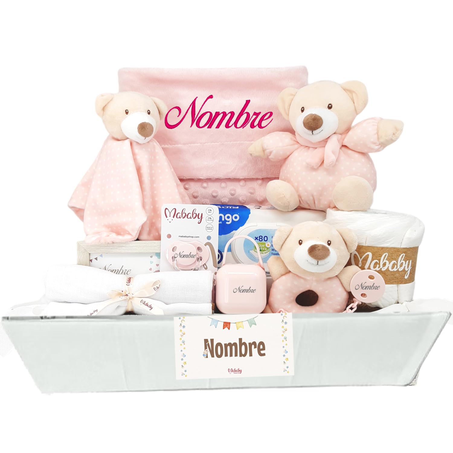 Canastilla Bebé Personalizada, Squishy Osito de Mababy, Cesta de Nacimiento con Peluche, Apego y Set de Chupete Personalizado (Rosa)