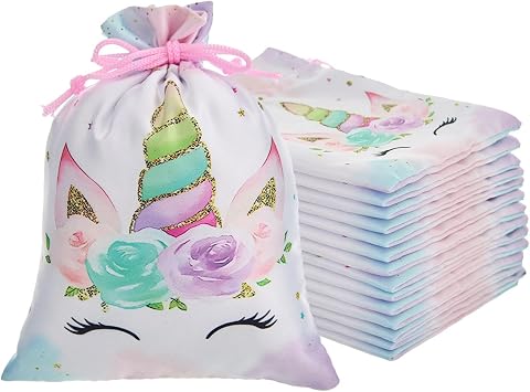RICHNESS Unicorn Party Favor Bags with Floral Design, Drawstring Closure, Pastel Colors, Pack of 16