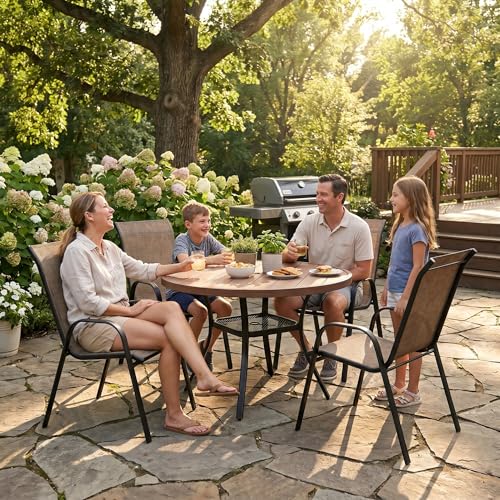 Image of VICLLAX Metal Outdoor Dining Table for 4, All Weather 40.7 inch Black Round Patio Table with Adjustable Umbrella Hole for Lawn, Garden, Balcony and Poolsides, Walnut Wood Grain Tabletop