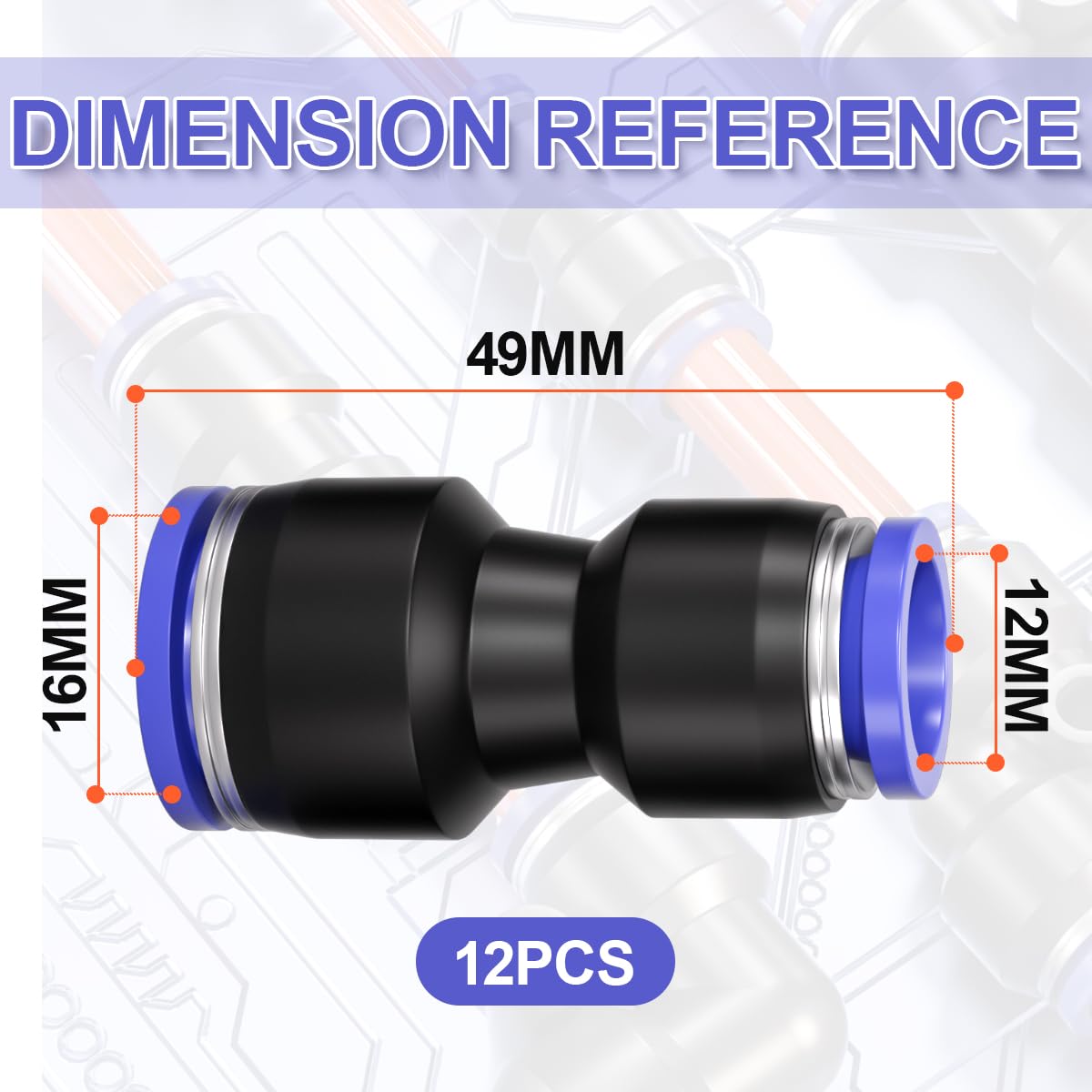 Bwintech 12 Pcs 12mm to 16mm Pneumatic Straight Reducing Push to Connect Adapter Quick Release Reducer Fittings (PG12-16) - Image 2
