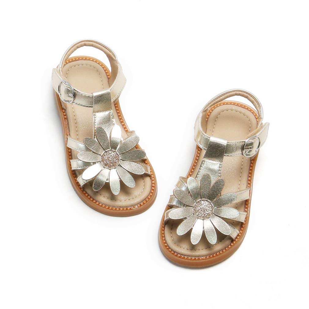 Flaryzone Toddler/Little Girls' Hook & Loop Strap Flat Summer Spring Dress Sandals, Gold-fr31, 10 Toddler