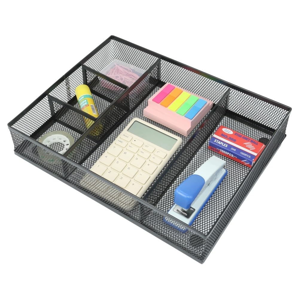 Organizer da scrivania in rete metallica, separatore per cassetti da scrivania con 5 scomparti, accessori per cancelleria e cucina