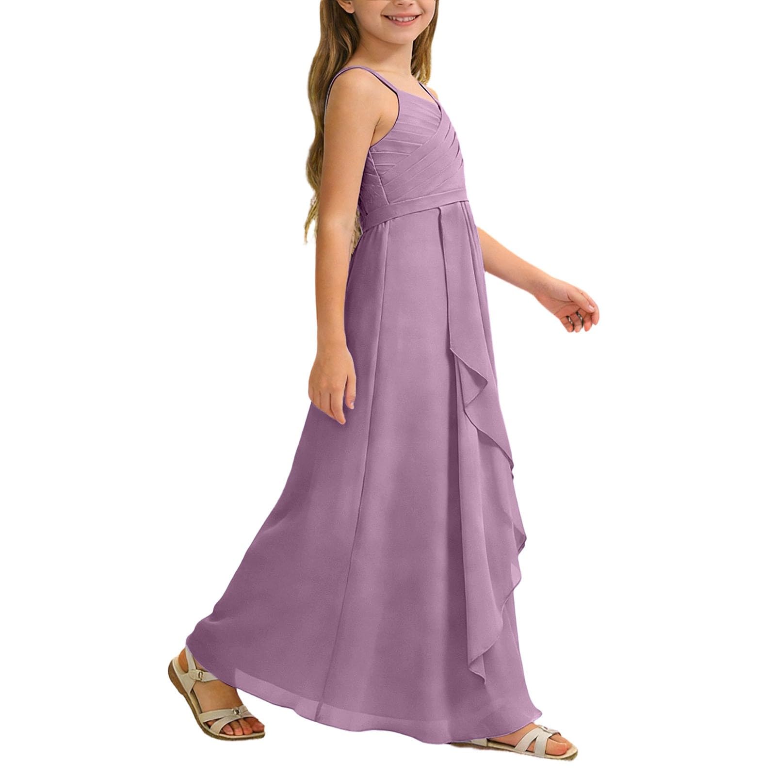 Abito lungo da bambina, linea ad A, in chiffon, per damigelle d'onore, matrimoni, feste, con spalline, estivo, arioso, comodo