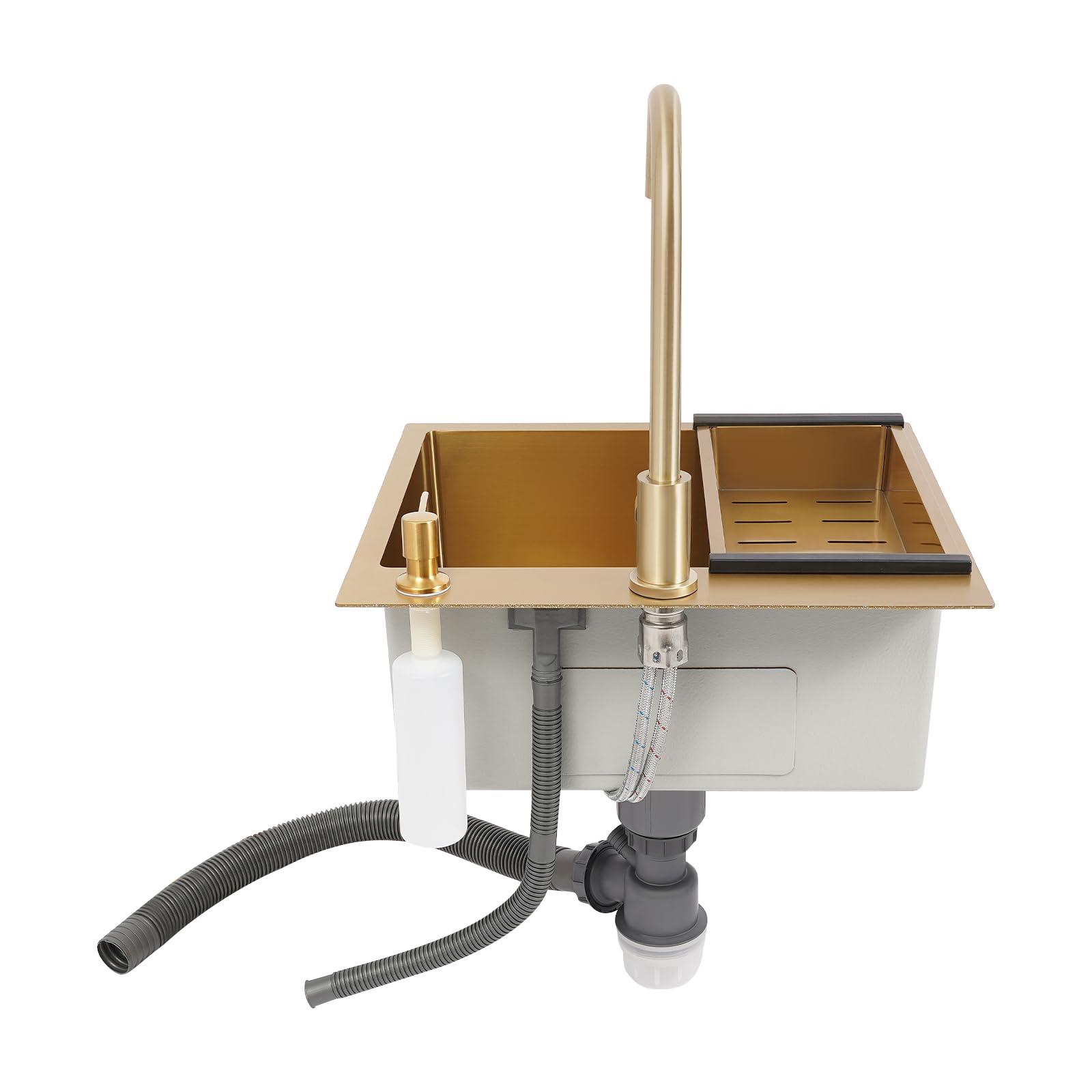 Fregadero de acero inoxidable dorado PVD, con grifo giratorio y dispensador de jabón, drenaje rápido en X, silencioso, anticondente, para cocinas y hogares, diseño moderno con lavabo grande, 50 x 45 x