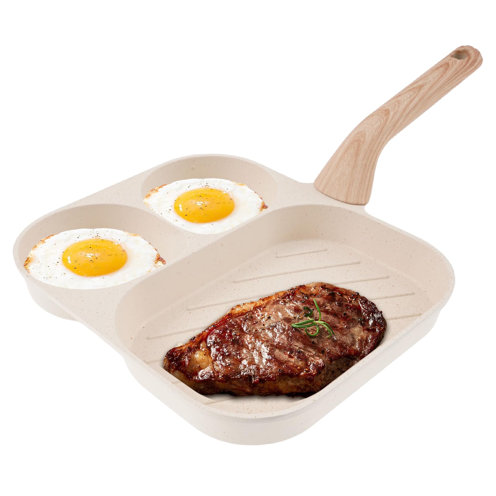 Ghshanog White Egg Frying Pan,Non-Stick Pancake Pan With 3 Compartments,Mini Omelet Skillet With Wooden Handle,Aluminum Fried Egg Burger Pans For Breakfast Steak Pancakes Burgers(White)