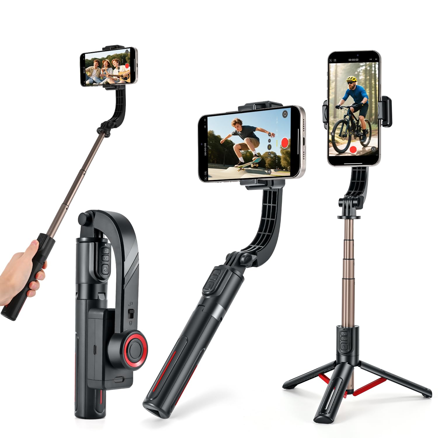 Stabilizzatore cardanico per smartphone, giunto cardanico a 1 asse con telecomando, bastone per selfie portatile e pieghevole e supporto per telefono per stabilizzatore di vlog, video YouTube
