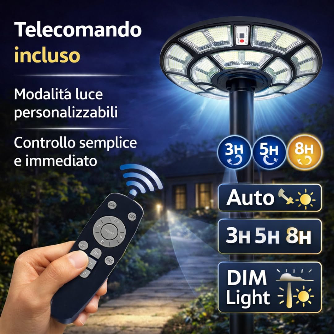 DE ROSA SHOP Lampione Solare Led Esterno, Lampione da Giardino 1200 Watt forma Ufo con Telecomando, Sensore di Movimento e Crepuscolare, Luce Bianco Fredda, Impermeabile IP 67.