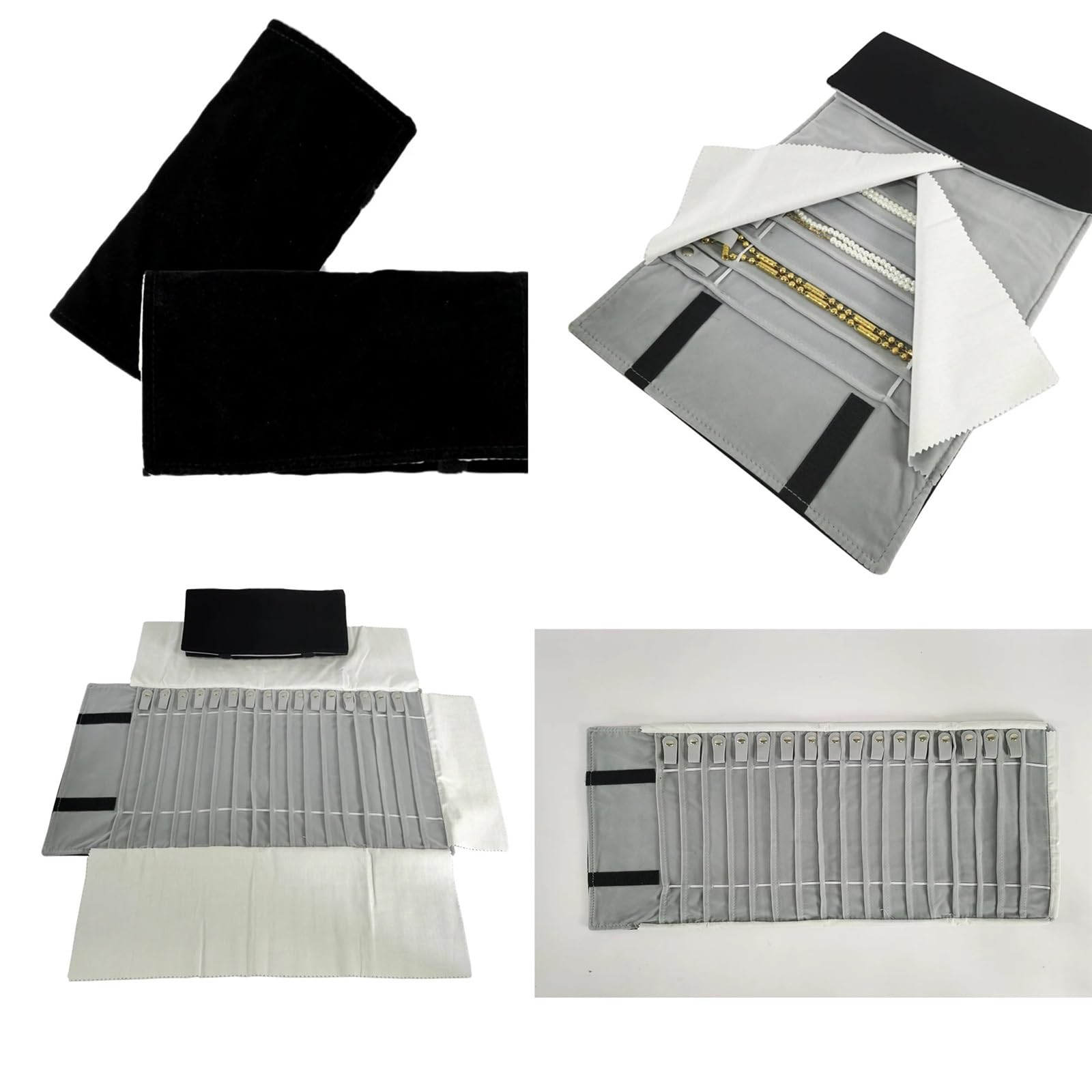Schmuckrolle Tragbare Schmuckrolle, entwirrt, sichere Halskette, Reise-Aufbewahrungstasche, Displayhalter, 16 Ketten, PU-Leder, Samt, Schwarz und Grau(All black velvet)