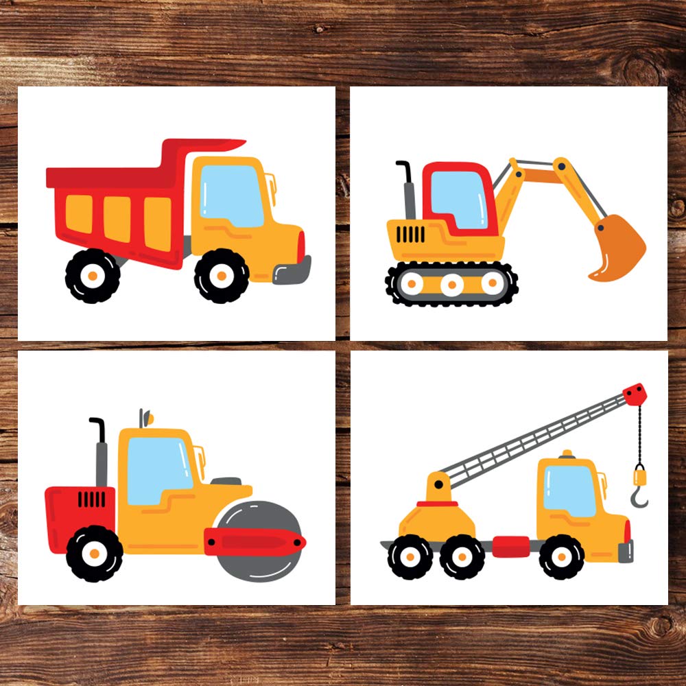 Boys Trucks Wall Art Prints Tractor Tow truck Forklift Dump truck Bulldozer - Unframed 8x10 - Transportation Nursery Bedroom Posters - Positive Kids Toys Decor for Boys Room