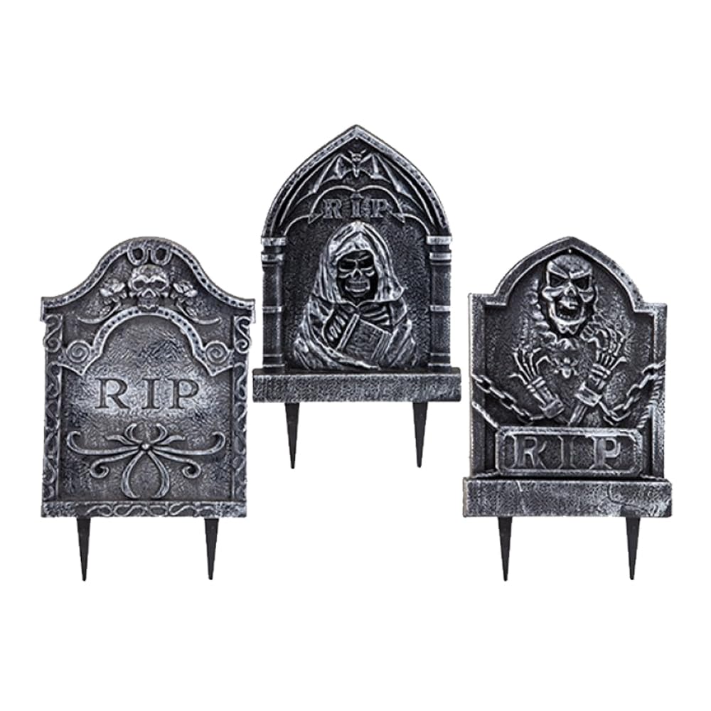 I LOVE FANCY DRESS Tombstone Halloween Decoration - Pack of 3 - Spooky Gravestone Props with Assorted Designs - Easy-to-Use Scary Haunted House Graveyard Trick or Treat Halloween Decorations — image 1