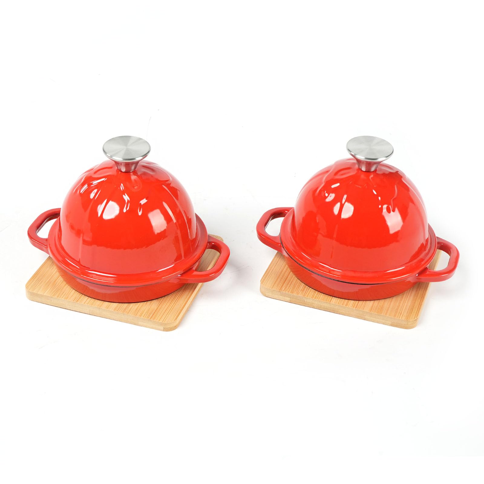 HAWOK Enameled Cast Iron Garlic Roaster with Bamboo Tray, 5-Inch, BBQ Grill Garlic Baker, Mini Cocotte, Set of 2, Red