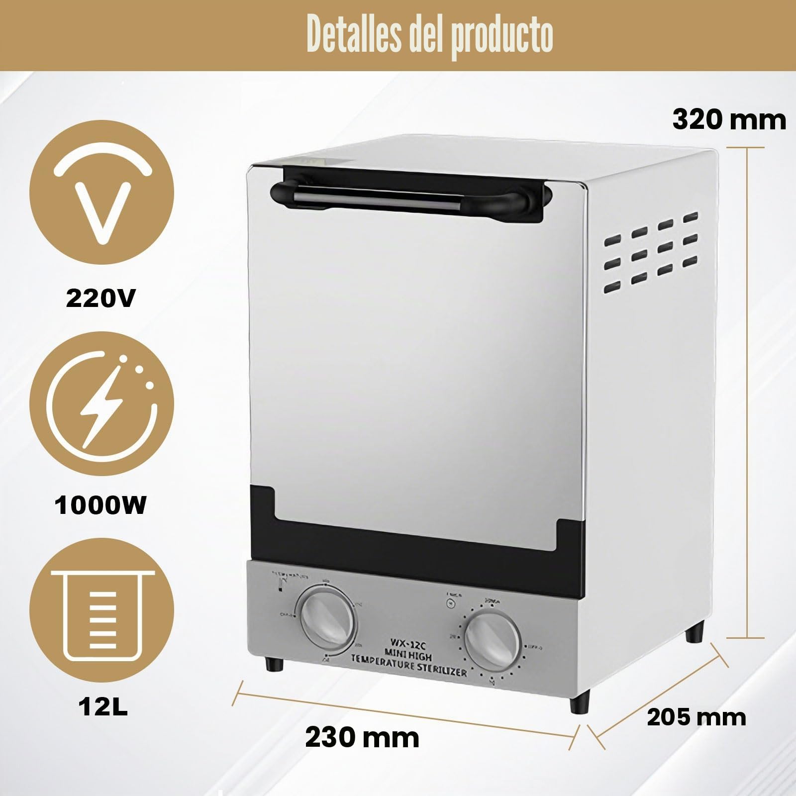 Esterilizador autoclave de gran capacidad de 12L, 1000 W, doble calentador en seco por infrarrojos, temporizador de 30 minutos y ajustable a 250°, esterilizador en autoclave para herramientas de uñas