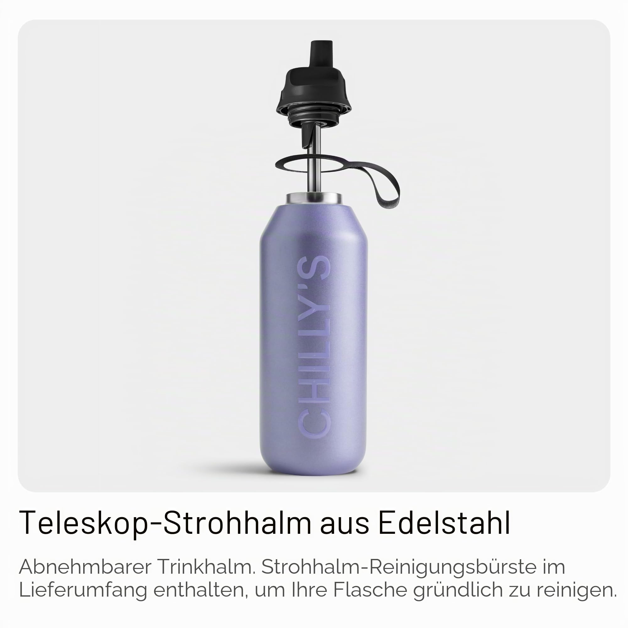 Chilly’s Series 2 Flip Trinkflasche mit Sportdeckel - Isolierflasche aus Edelstahl mit Trinkhalm, Trageschlaufe & Reinigungsbürste - kein Schwitzen