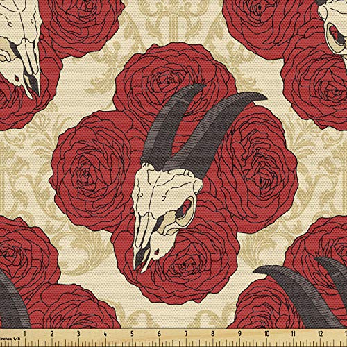 Lunarable Gothic Fabric by The Yard, Goat Skull on Red Roses Horn Pattern Animal Bone Traditional Art Print, Decorative Fabric for Upholstery and Home Accents, 5 Yards, Vermilion Beige