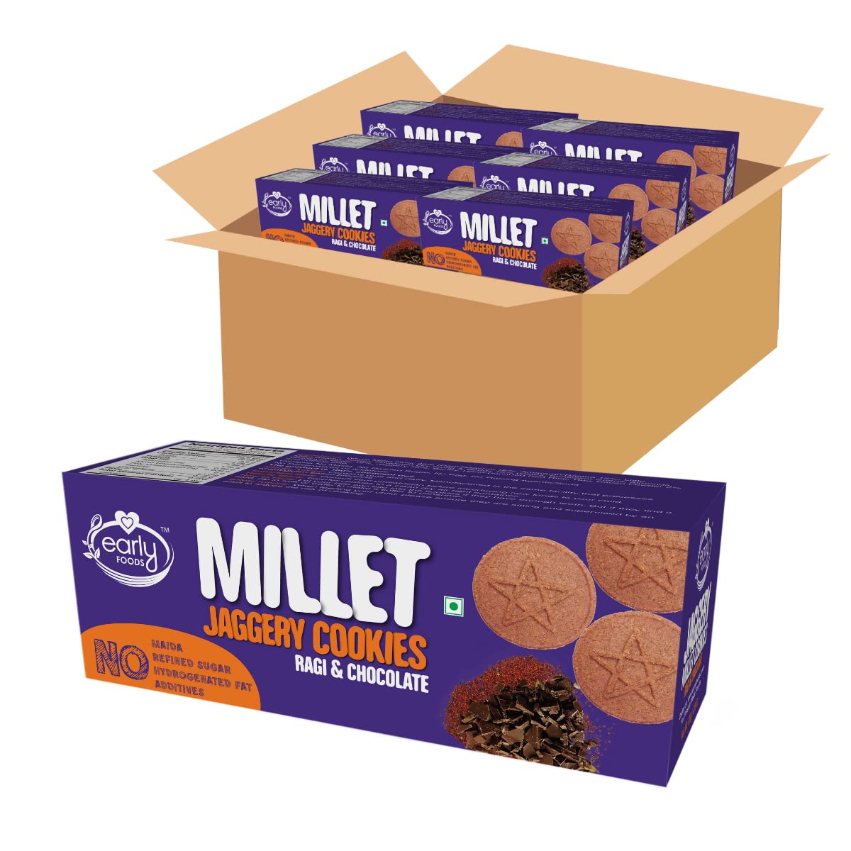 Early Foods - No Maida No Refined Sugar - Pack of 6 Ragi & Chocolate Jaggery Biscuits - Kids Snacks | Millet Cookies | Sugar Free Cookies | Ragi Biscuits for Kids | No Junk School Snack 130g x 6
