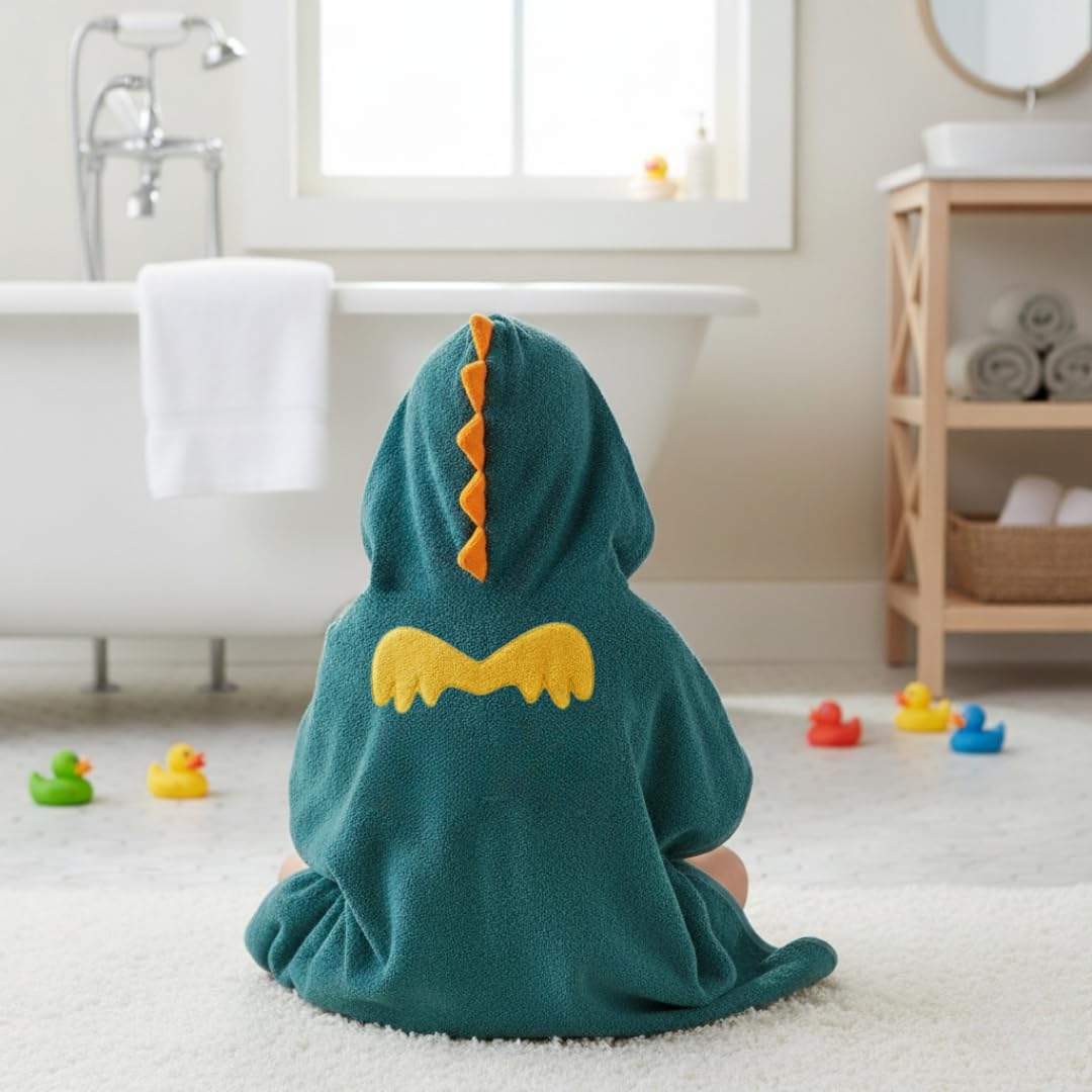 Serviette de bain à capuche pour enfants, motif dinosaure, 100 % coton, douce et absorbante, pour bain, plage et piscine, bleu sarcelle