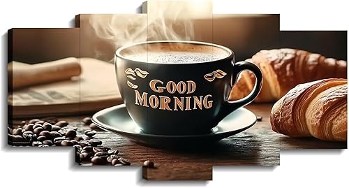 Coffee Canvas Wall Art 5 Piece Kitchen Wall Decor Espresso Bread with Coffee Bean Picture Good Morning Sign Painting Vintage Prints Home Decor