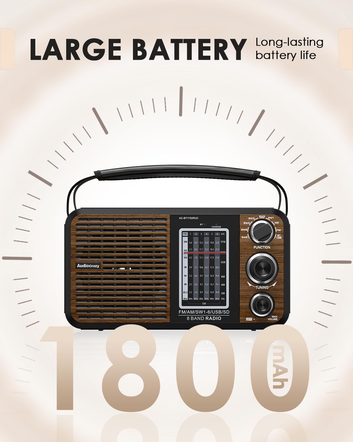 Audiocrazy AC-BT1702RUC Radio with large battery indication