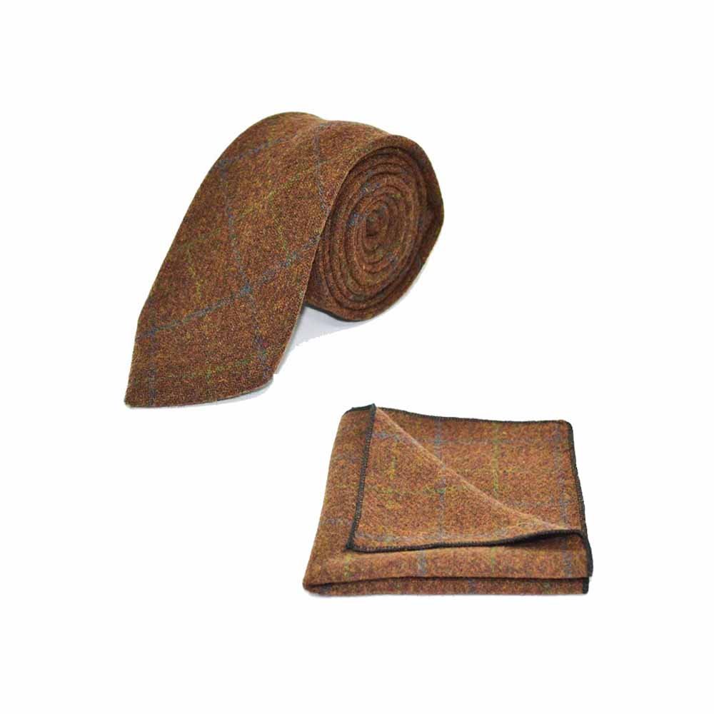 King & Priory Heritage Check Cedar Brown Tie & Pocket Square Set