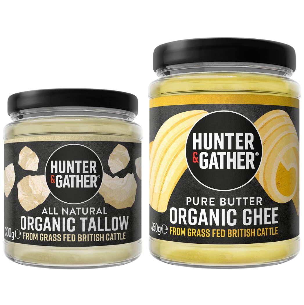 Hunter & GatherCertified Organic Ghee 450g & Tallow 300g from Grass Fed British Cattle | Sugar, Gluten & Seed Oil Free & Low Lactose content | Keto, Low Carb & PaleoEU Organic