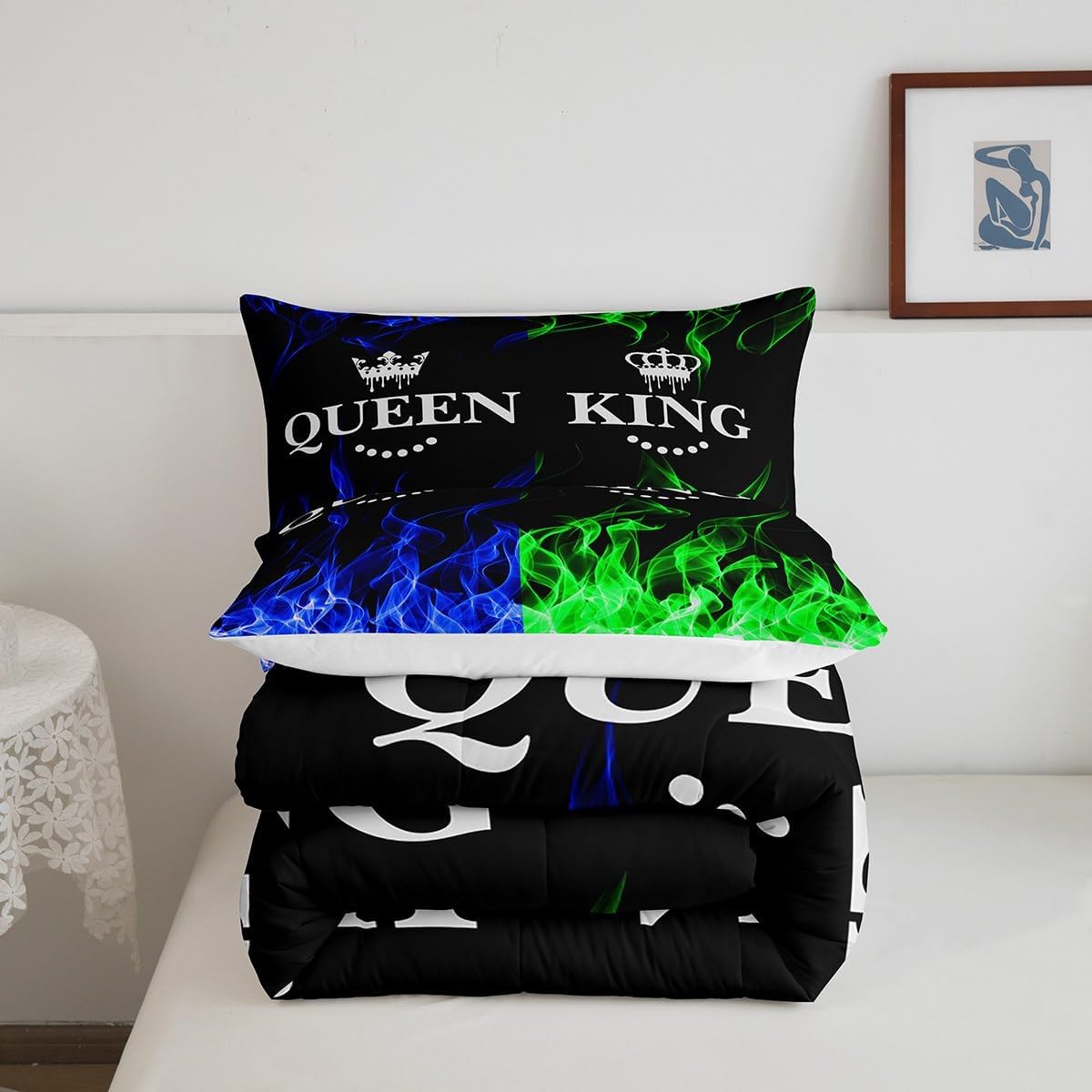 Feelyou King and Queen Crown Comforter Set Modern Chic Bedding Set Queen Size Duvet Insert All Season Sets for Couples 3 Pieces Green Blue Flame Quilt Valentines Day Gifts Decorative Bedroom