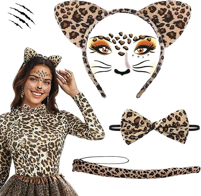 GUIANLOU 4 Pièces Ensemble De Costumes Léopard Oreilles Léopard Autocollants Visage Léo pard Queue De Léo pard Nœud Papillon Léopard Costume Deguisement...