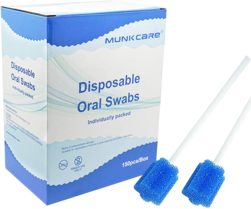 Munkcare Disposable Oral Swabsticks Mouth Cleaning Sponge Swab, Blue Coarse Sponge Plum Blossom Shaped, 150 counts