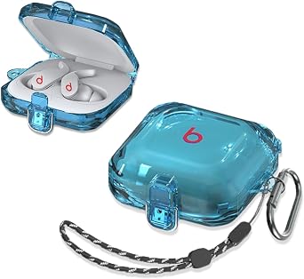 SKPY [Clear Blue with Lock] Shock-Absorption Case Compatible with Beats Fit Pro with Carabiner/Lanyard Accessories Full Body Cover for Boys Girls Womens Mens Teens