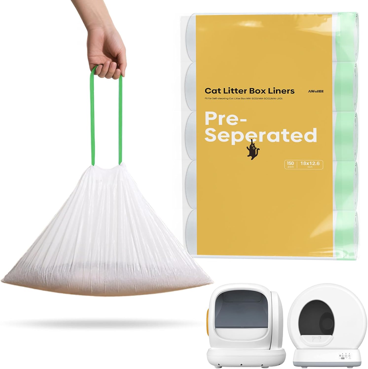 150 Count MeoW Cat litter bags Liners Fit For Self-cleaning Cat Litter Box MW-SC01 MW-SC02 MW-LR01,Tear-free Leak-proof 18" x 12.6"