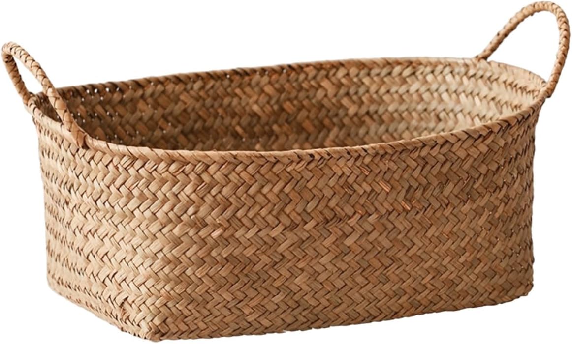 Khaki Woven Seagrass Storage Basket with Handle for Home Storage and Decoration, Easy to Carry Retro Pastoral Style Organizer for Magazines and Cosmetics