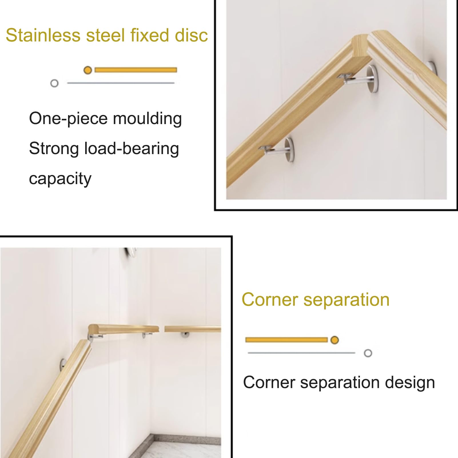 Pasamanos de Madera Antideslizante Barandilla para Escaleras Interior Varilla de Soporte Pasamanos de Pared con 2 Soportes de Acero inoxidable para Exteriores Loft Ancianos (100CM)