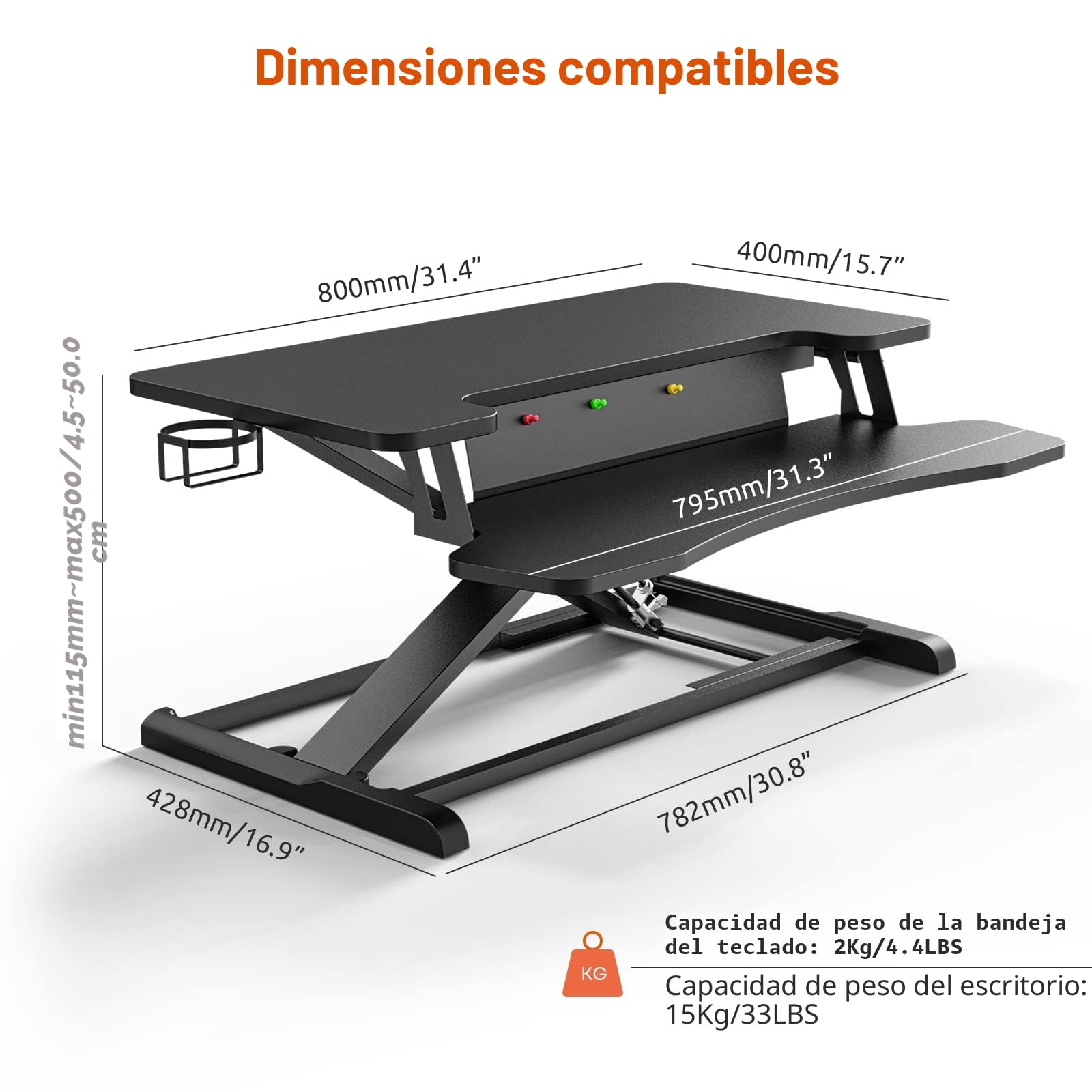PUTORSEN 32" Convertidor de Escritorio de pie, Estación de Trabajo de 2 Niveles Ajustable en Altura con Bandeja de Teclado, Elevador Ergonómico con Portavasos y Tablero de Notas hasta 15kg, Negro