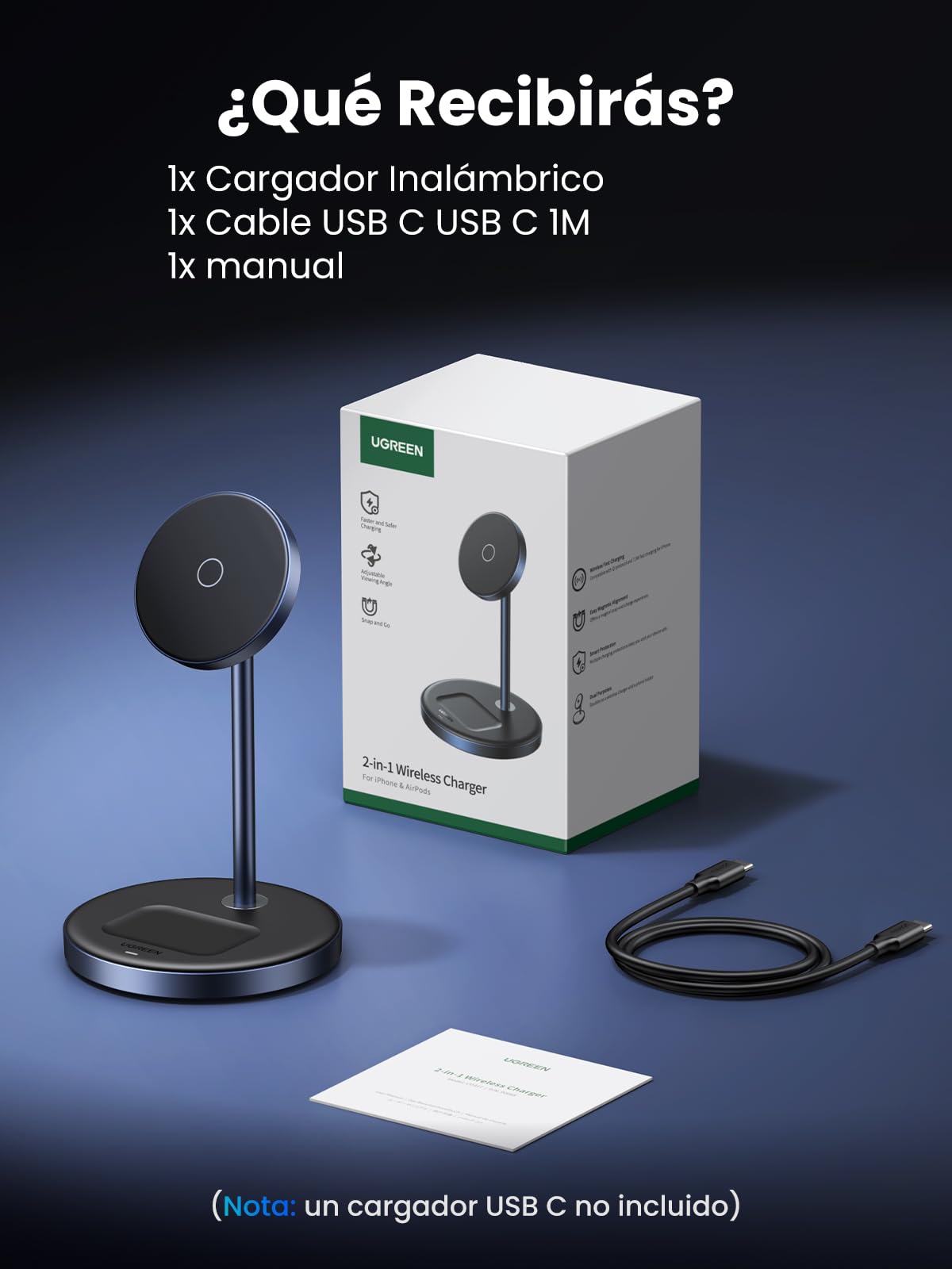 UGREEN MagFlow Cargador Inalámbrico 2 en 1, Estación de Carga Magnética para Airpods, Soporte para Móvil Compatible coniPhone 17 Pro MAX Air/16/15/14/13/12 Series, AirPods Pro 2/3