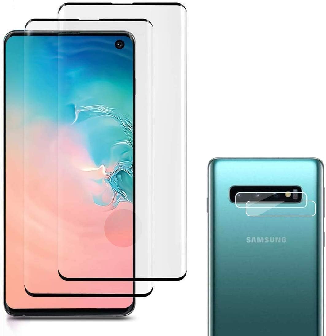 [2+2 Pack] Galaxy S10 Screen Protector Include 2 Pack Tempered Glass Screen Protector + 2 Pack Tempered Glass Camera Lens Protector,9H Hardness,3D Curved,Easy Install,HD Transparent for Galaxy S10