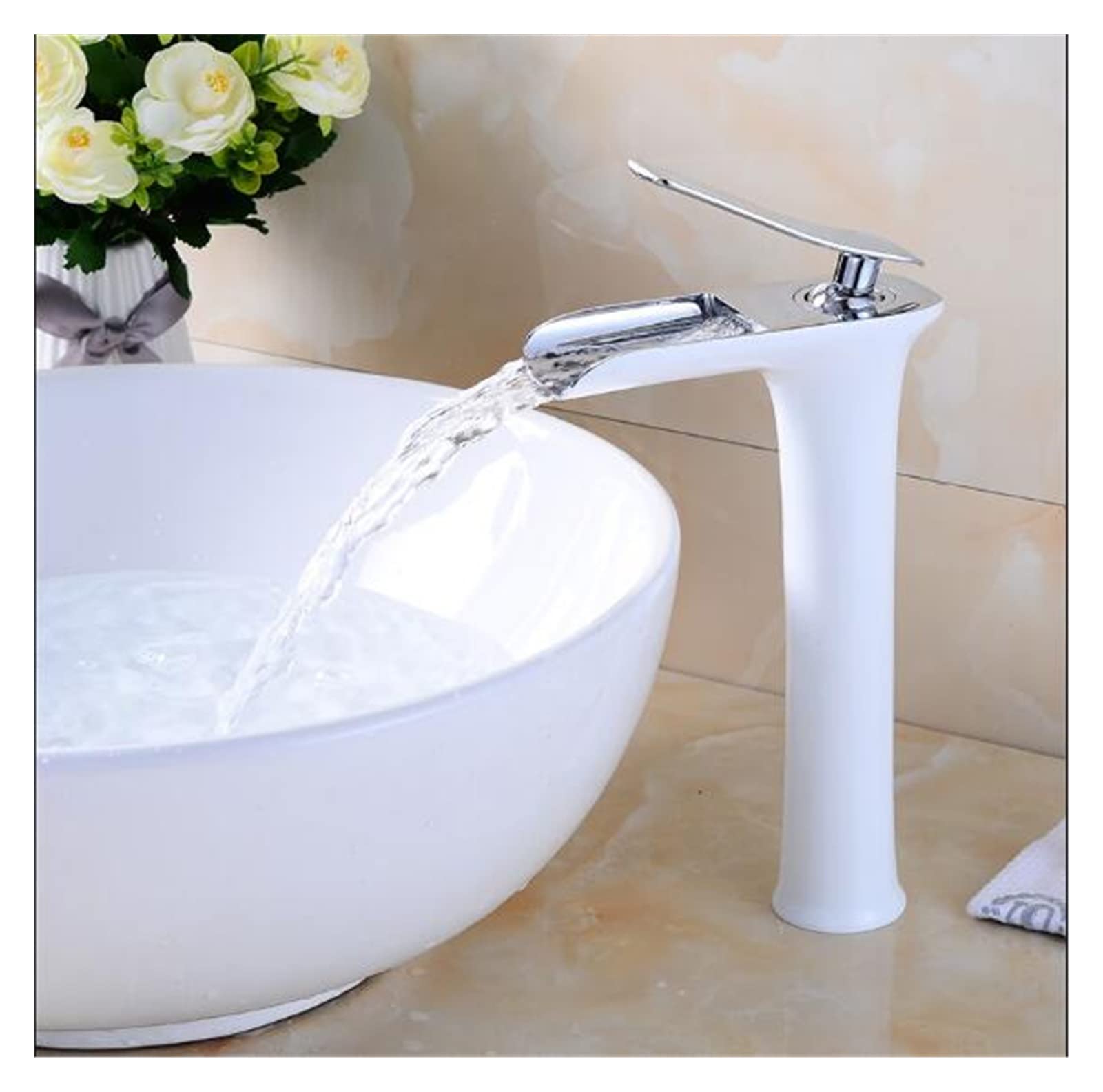 Mooilko White Tall Antique Basin Faucets Waterfall Faucet Bathroom Faucet Single Handle Basin Mixer Tap Bath Antique Faucet Brass Sink Water Crane Easy To Install(White Tall)