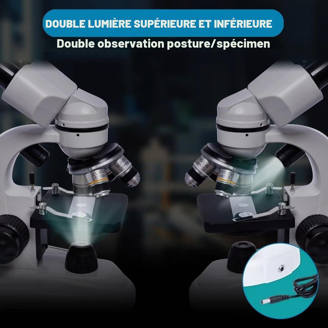 Microscope pour adultes et étudiants, 200X-5000X - Microscopes numériques biologiques binoculaires pour l'éducation à la maison avec oculaire électronique 2 MP, ensemble de lames de microscope