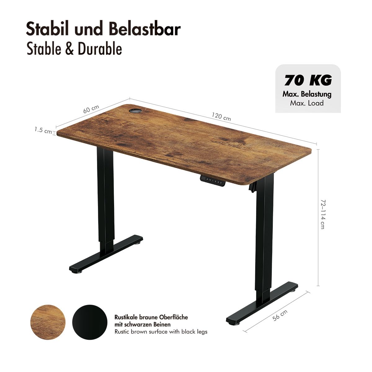 LogiLink Biurko z elektryczną regulacją wysokości (stelaż stołu z blatem) z 1 silnikiem i regulacją wysokości, wysokość 720 – 1140 mm, kolor stelaża: czarny, blat stołu: brązowy