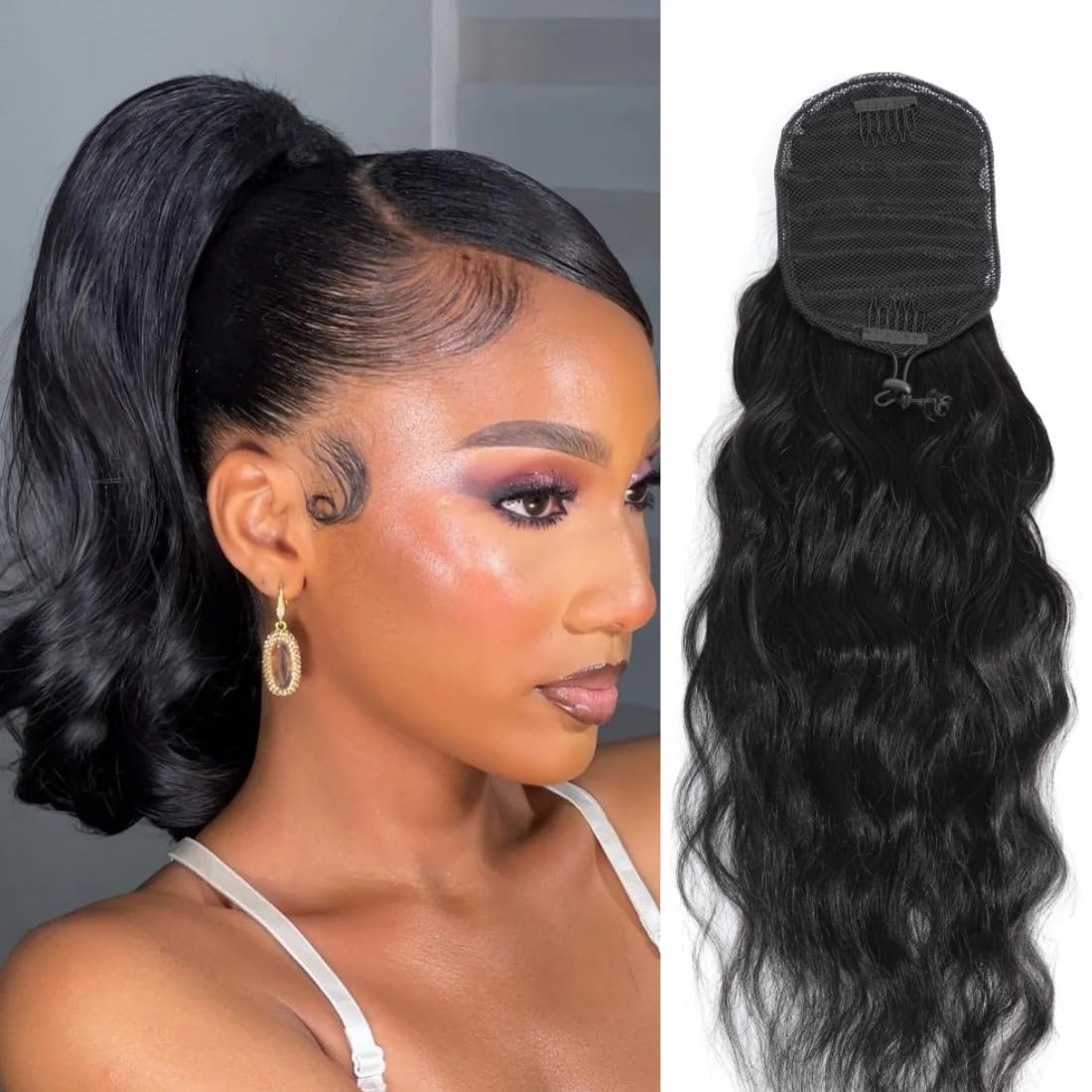 LUMIERE Body Wave Drawstring Ponytail For Black Women Human Hair Ponytail Drawstring 80g/2.82oz Remy Human Hair Ponytail Extension Short Hair Natural